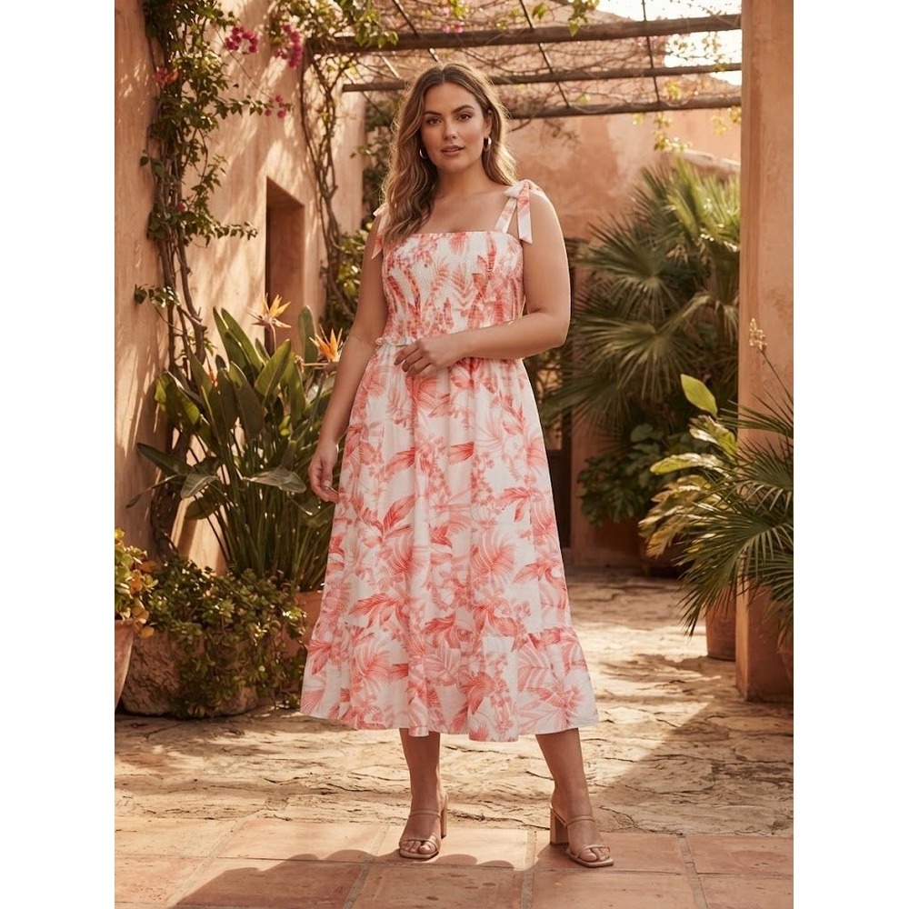 Torrid Dress Womens 2X Pink Tropical Smocked Midi Boho Coastal Cottagecore - Picture 2 of 5